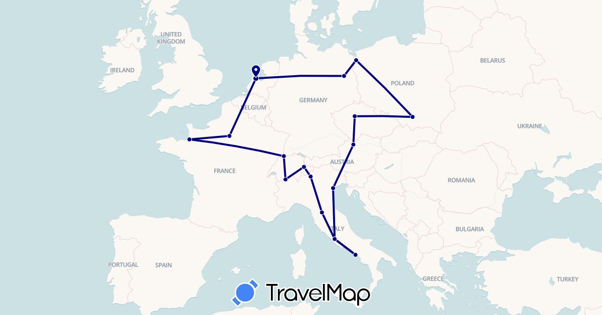 TravelMap itinerary: driving in Austria, Switzerland, Czech Republic, Germany, France, Italy, Netherlands, Poland (Europe)